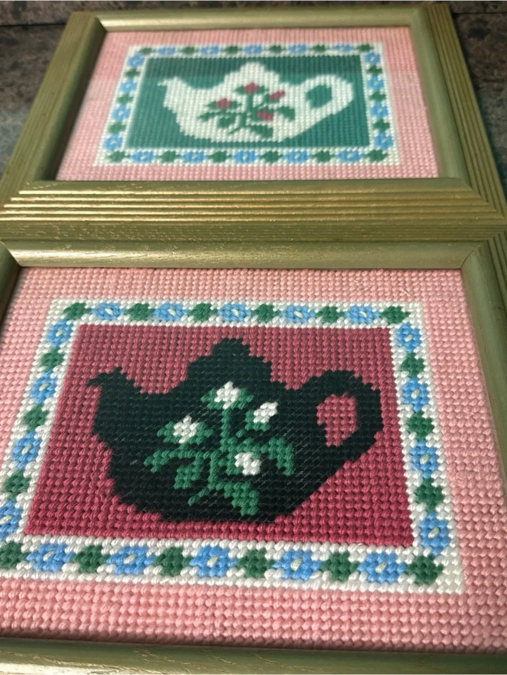 Vtg Framed Needlepoint Wall Art Set Teapot Coffeepot Pink Gold 10.25x12.25”